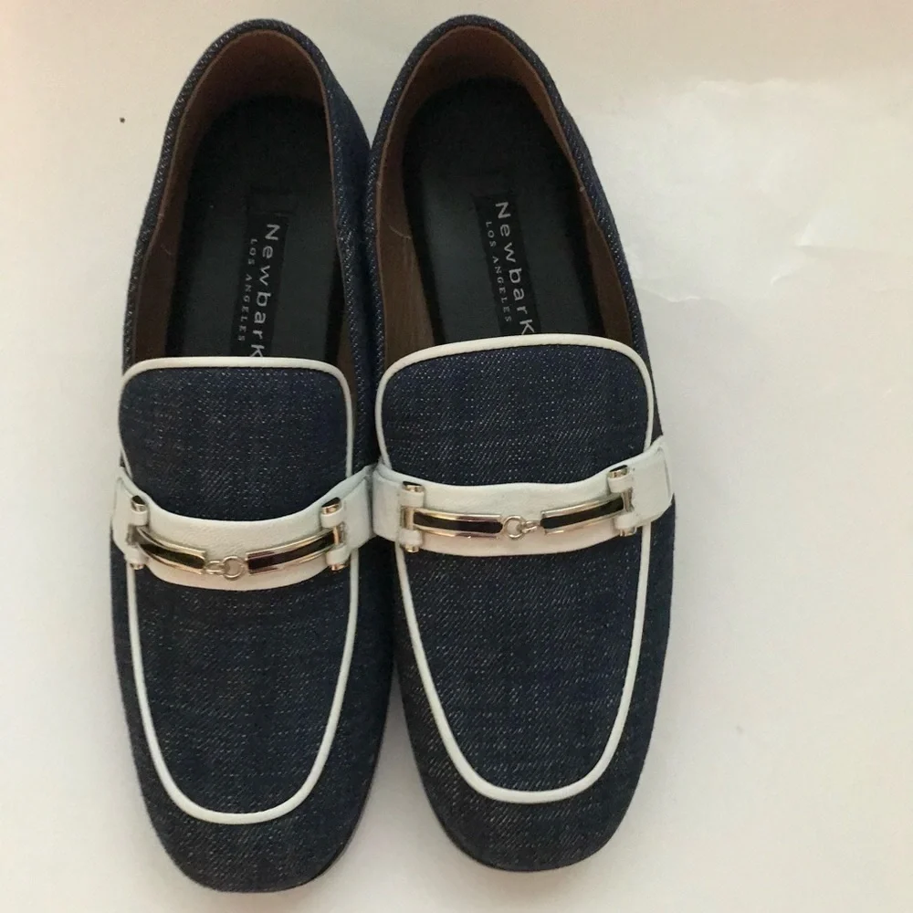Newbark Melanie White Leather Trimmed Dark Navy Denim Loafers Size 7